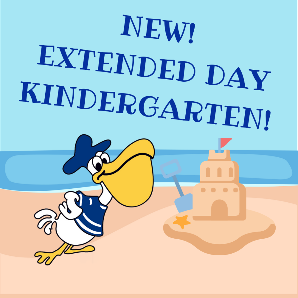 Pelican Pete mascot on beach with sand castle - Extended Day Kinder text