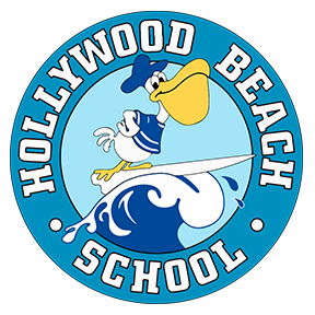 School logo with pelican on surfboard