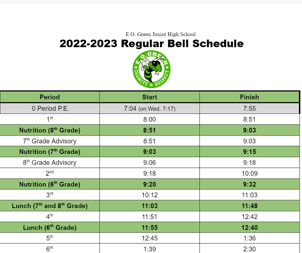 22 23 Bell Schedule Horario E O Green Junior High