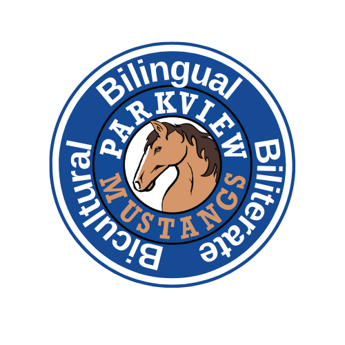 Blue logo with the words Parkview Mustangs, bilingual, biliterate, bicultural