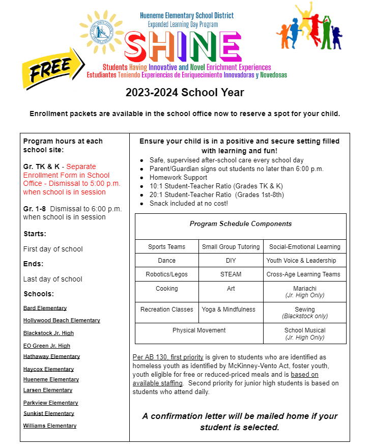 SHINE after school flyer