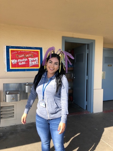 Ms. Arriaga celebrating Red Ribbon week with her crazy hair!!!