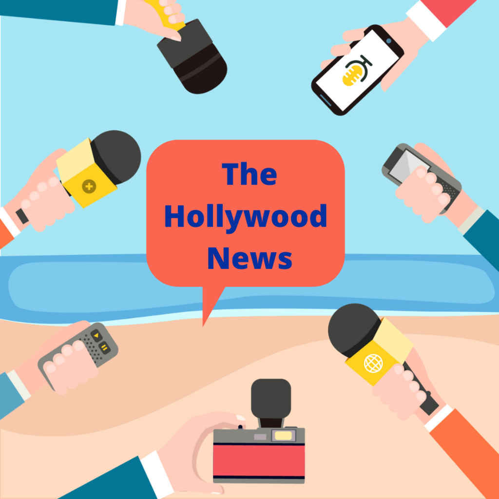 Hollywood News Logo, beach with microphones