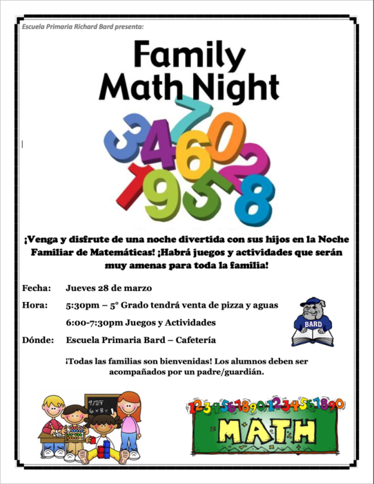 Noche Familiar de Matemáticas jueves el 28 de marzo @ 5:30pm