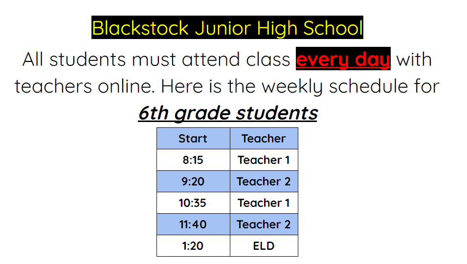 6th grade schedule